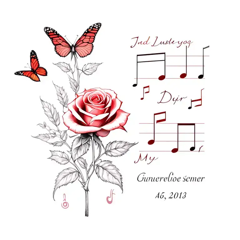 Red Rose Surrounded My Music Notes With Butterfly And Date And Initials