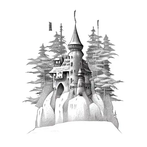 Traditional Medevil Castle Surrounded By Evergreen Mountain Forest