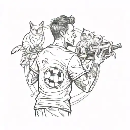 A Sketch-style Tattoo Of A Soccer Player Holding A Beer Bottle Surrounded By Animals