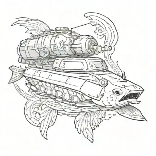 Military Tank Transformed Into A Japanese Koi Fish Swimming Upstream