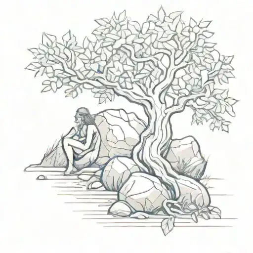 Bay Tree And A Rock Supporting Each Other While There Is A Mysterious Woman At Background