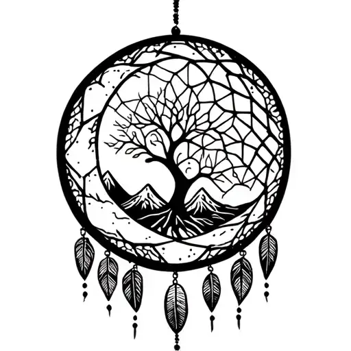 Crescent Moon Dream Catcher With Tree Of Life And Mountains