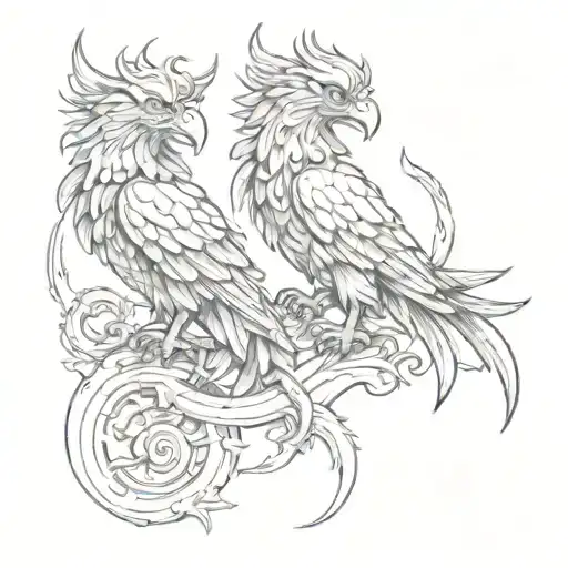 Two Medieval Griffins Protecting And Unraveled Scroll Guarding Treasure In A Labyrinth