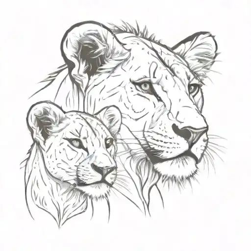 Lioness 3 Lion Cubs In Profile