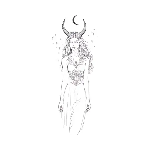A Woman With Horns And A Crescent Moon Add A Background