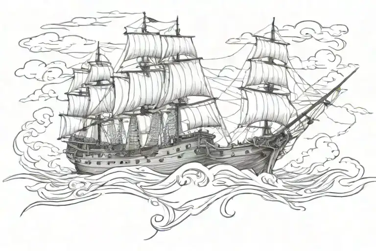 Pirate Ship Sailing On Roush Seas Around An Ankle