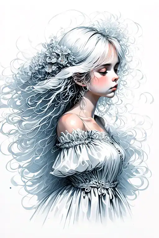 Pretty Girl With White Hair In A Flowing White Dress Looking Sad And Floating