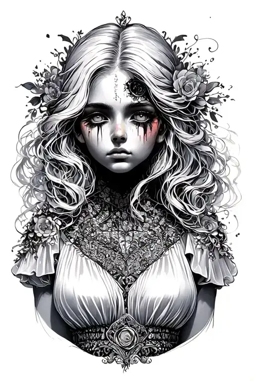 Pretty Woman Whos Missing Her Left Eye With White Hair In A Flowing White Dress Looking Sad