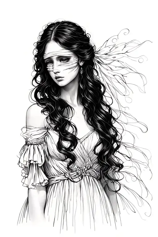 Pretty Woman Whos Left Eye Is Bandaged With Dark Hair In A Flowing White Dress Looking Sad