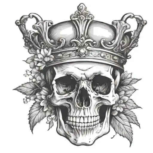 A Dotwork Tattoo Of A Skull Wearing A Crown Of Daisies
