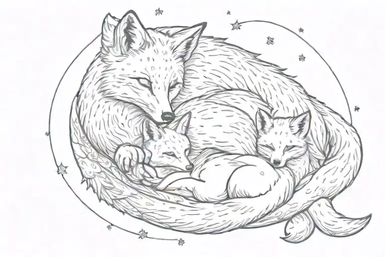Mama Fox Cuddling With Babies Sleeping Under The Moon