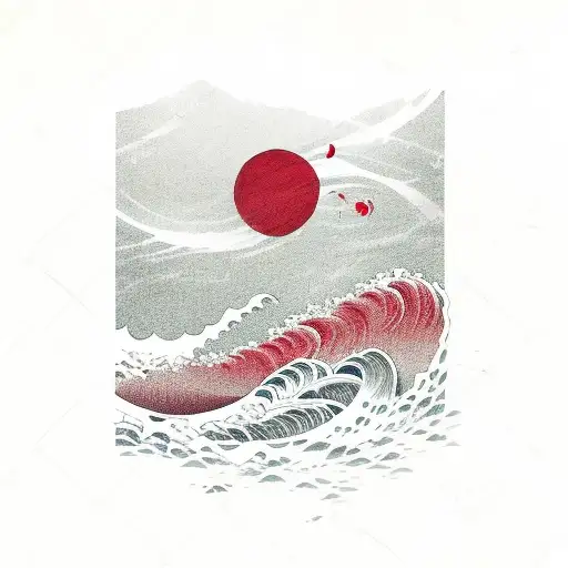 Japanese Ocean Wave With Cherry Blossom Petals And Red Sun