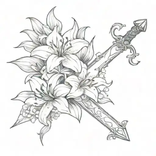 A Gothic Inspired Tattoo Of A Sword With Lily Flowers Blooming Around It In A Minimalist Style