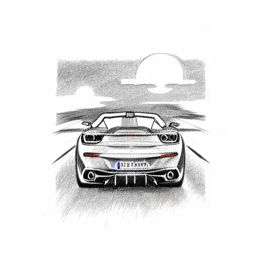 Back Of A Ferrari Convertible In A Road Driving Towards The Sunset With The Ba