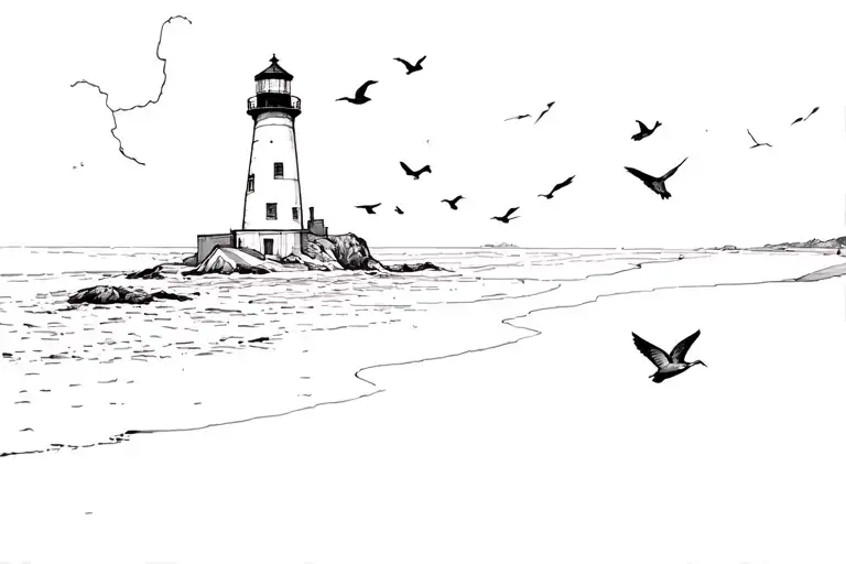 Lighthouse On The Beach With Birds In The Air
