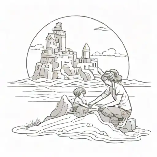 A Sketch Style Tattoo Of A Mother And Son Building A Sandcastle On The Beach