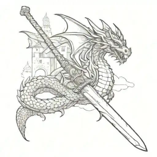 A Dragon Coiled Around A Katana Sword With A Medieval Castle In The Background