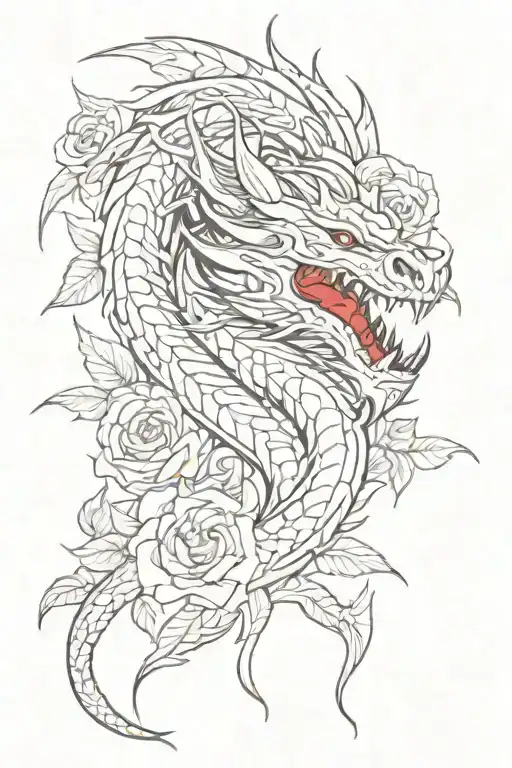 A Tribal Dragon With Red Roses In The Background