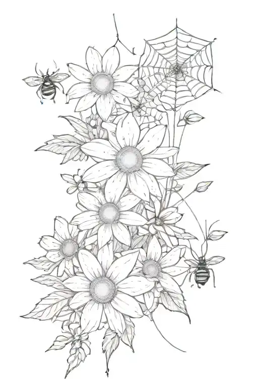 Daisy And Larkspur Flowers With Spider Web