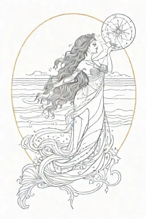 Aquarius Siren On The Beach Sunset Water Bearing With Constellation In The Sky