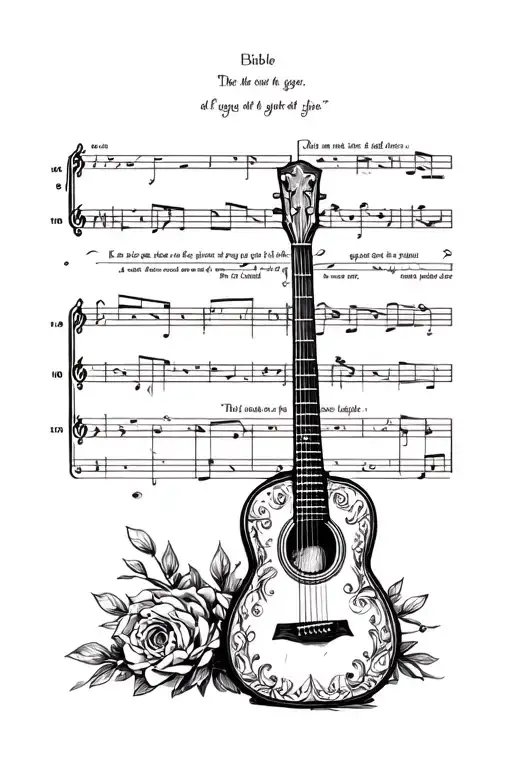 Bible Scripture In Front Of Music Staff With Guitar Beside Piece