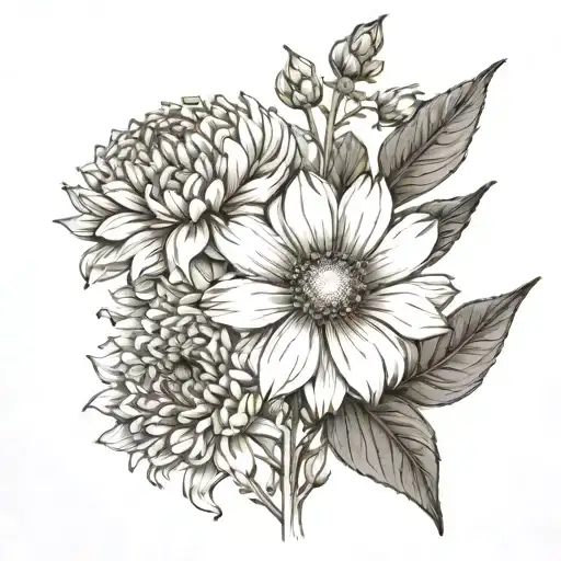 Cosmos And Chrysanthemum Minimilist Sketch Black And White