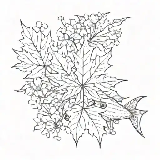 A Sketch Style Tattoo Of A Maple Leaf And Sakura Blossom Forming A Unique Pattern With Fish