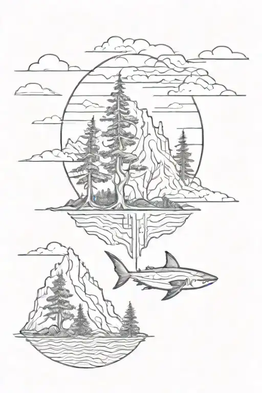 Trees With Mountains A Sun And Shark On A Line