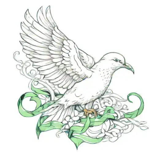 Dove Carrying Green Ribbon In His Beak