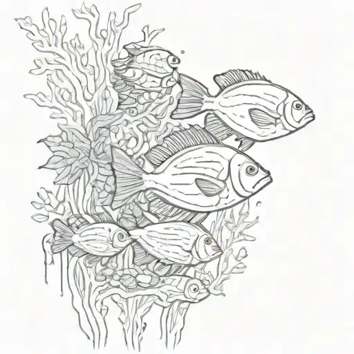 A Surreal Underwater Scene With A School Of Bluegill Fish Swimming Among Vibrant Coral Reefs