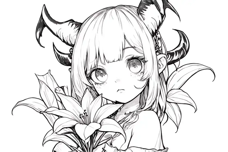 Kawaii Demon Girl Holding Lilly Flower