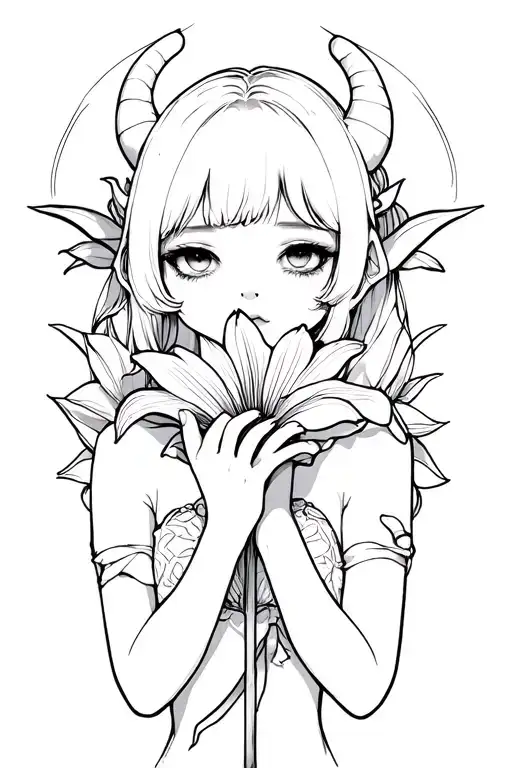 Simple Kawaii Demon Girl Holding Lilly Flower