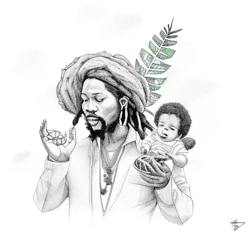 Rasta Man With His Baby And Tropical Flowers In Background