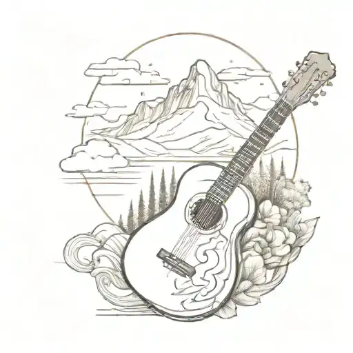 A Tattoo Design Combining A Guitar And A Mountain Landscape