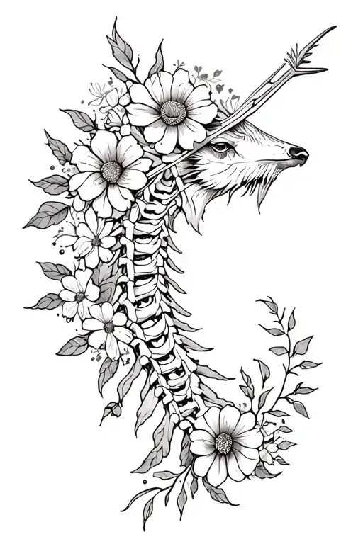 Sagittarius Zodiac Sign Formed Spine Tattoo With Flowers