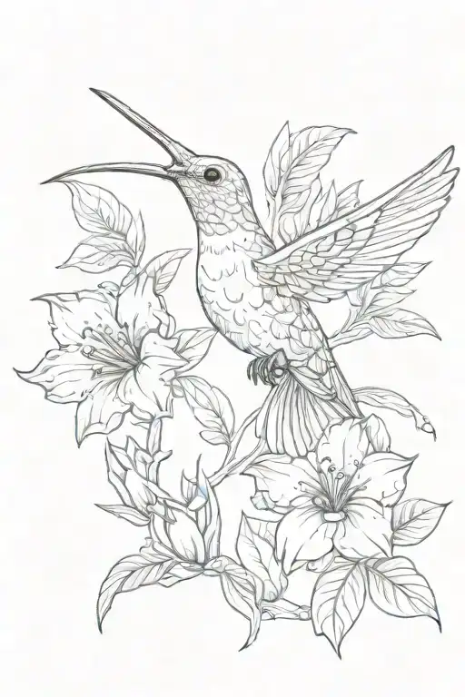 Small Humming Bird And 3 Flowers Intertwined