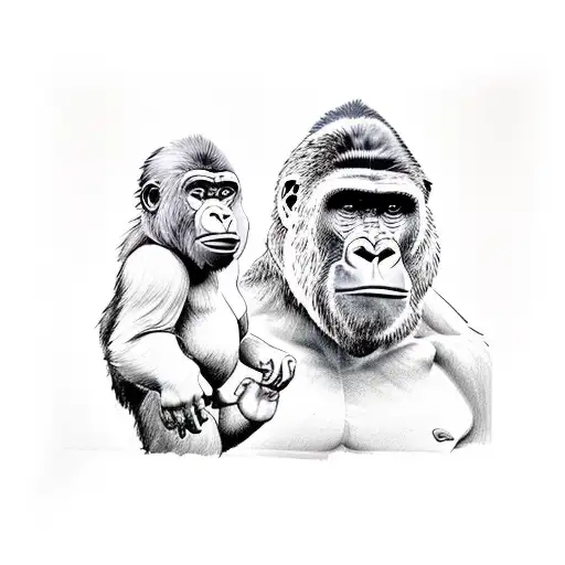 Gorilla Hunched Over Little Human Boy Shielding Him From The Rain