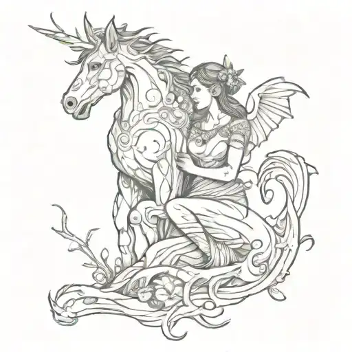 A Sketch Style Tattoo Of A Love Story Between A Mythical Creature And A Paranormal Entity