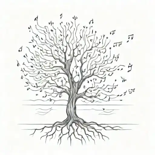 A Sketch Of A Tree With Binary Code Roots And Musical Notes As Leaves