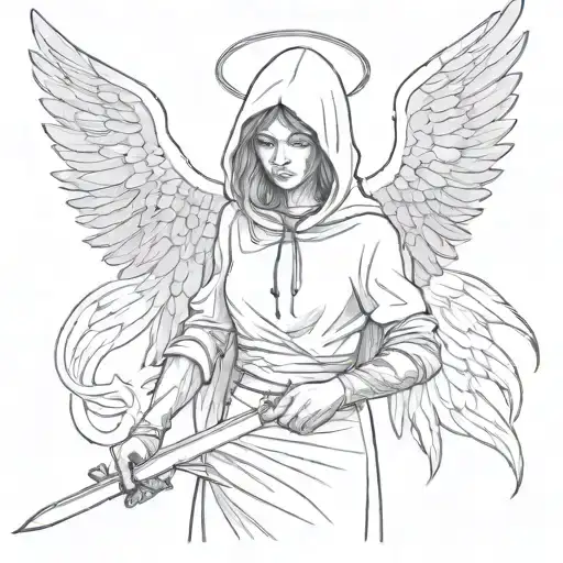 Woman With Angel And Devil Wings Holding A Sword Wearing A Hood