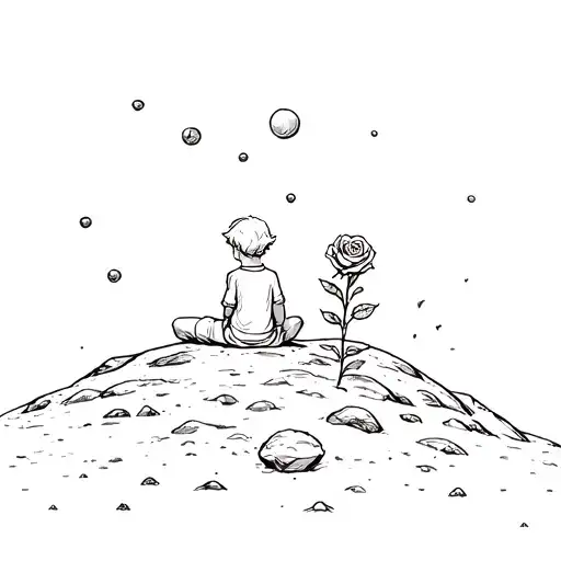 The Little Prince Is Sitting On An Asteroid With His Rose With His Back To Us