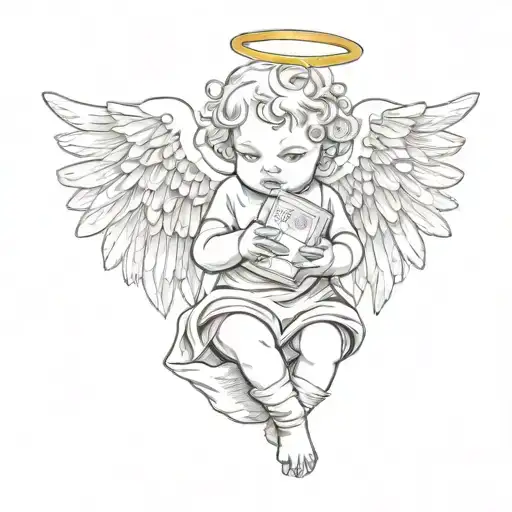 Baby Angel With Wings Wrapped While Holding Money Bag