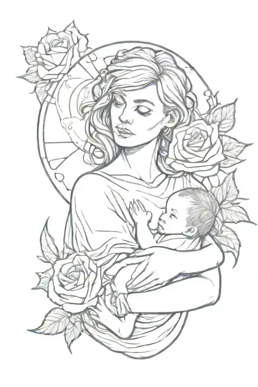 Create A Tattoo Of A Mother Holding Baby With Roses Around Them And The Sun Behind Her Head