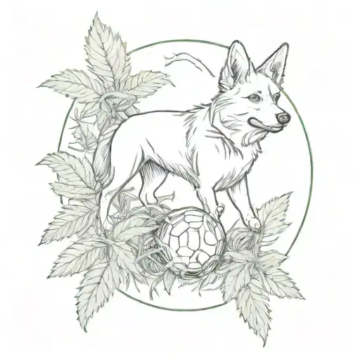 A Sketch Style Tattoo Of A Dog Playing With A Pokeball In A Field Of Cannabis Plants