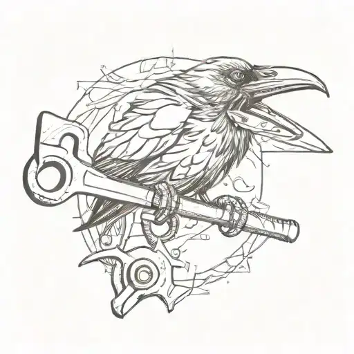 A Sketch Style Tattoo Of A Crow Holding A Wrench In Its Beak