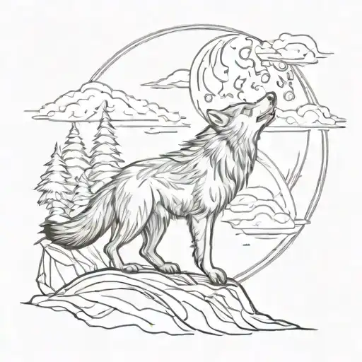 An Abstract Design Of A Wolf Howling At The Moon With Jet Planes Flying Overhead