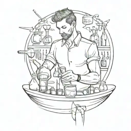 A Black And Grey Sketch Of A Bartender Mixing Music-themed Cocktails On The Abdomen