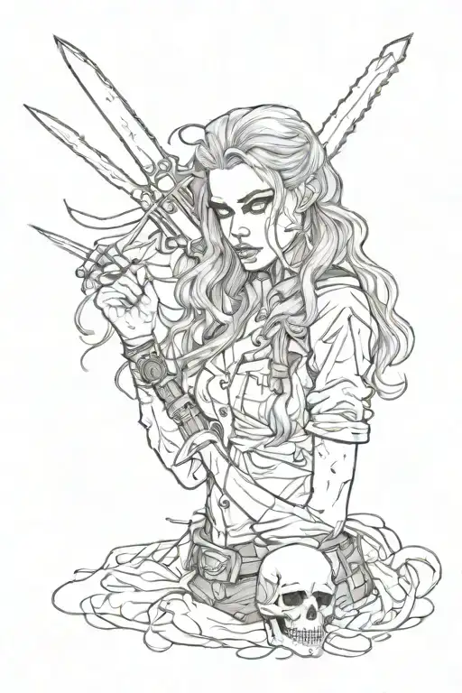 Girl Killer With Knife Fangs Blood Long Hair And Skull