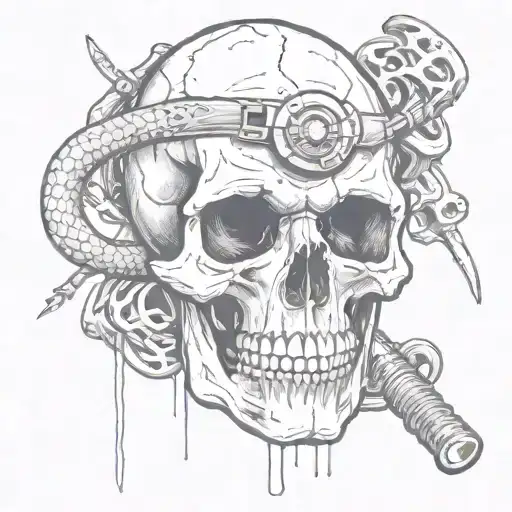 Skull With A Hole In Its Head By A Framing Hammer And Snake Coming Out Of The Eye