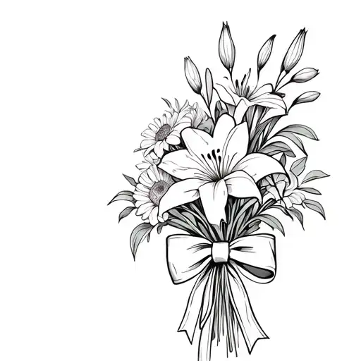 A Bouquet With A Lily And A Sweet Pea And An Aster Tied With A Bow